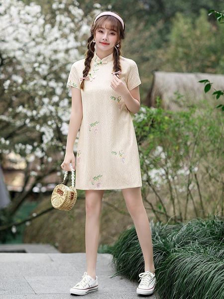 

ethnic clothing summer elegant mandarin collar cheongsam vintage chinese women floral embroidery loose short qipao vestidos, Red