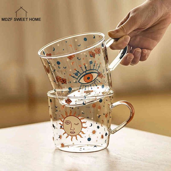 MDZF SWEETHOME 500 ml Kreative Skala Glas Becher Frühstück Mlik Kaffee Haushalt Paar Wasser Tasse Sun Eye Muster Drinkware