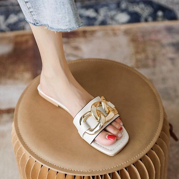 

slippers summer women slipper fashion gold chain slides ladides casual flat heel sandal outdoor beach flip flop home big size, Black