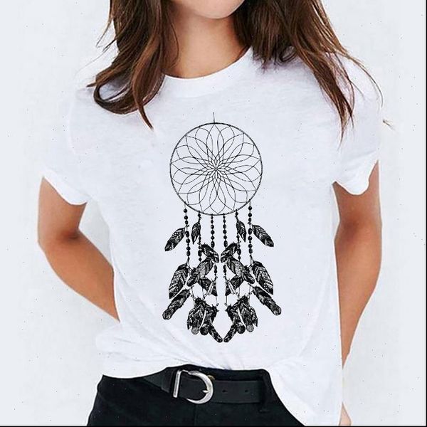 

cartoon printing girl cute women t shirts feather print graphic tee, White