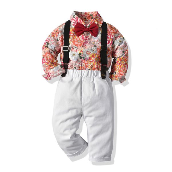 

children's spring flower long sleeve shirt bow tie suspenders gentleman's set boys' kids pastoral two piece set, Blue
