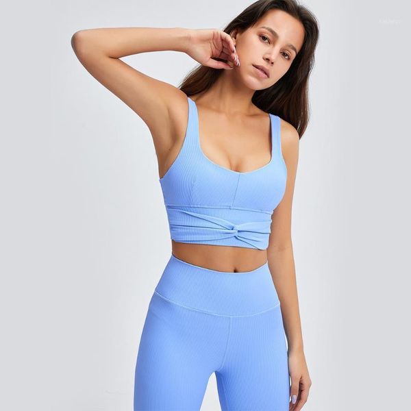 

yoga outfit women striped vest bow 2 piece sports bra fitness set
