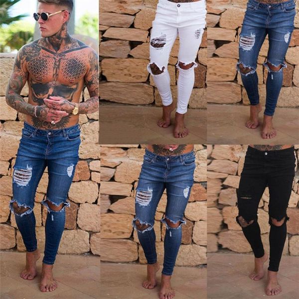 

men's pants 2021 style mens ripped slim fit motorcycle holes denim jeans zipper streetwear high quality, Black