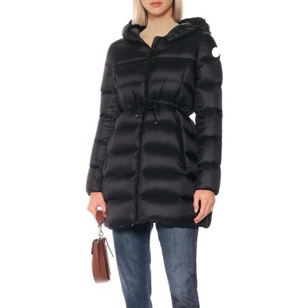 

monclair luxury french women's down jacket maya france brand long thick warm slim hooded collar waist drawstring coat, Black