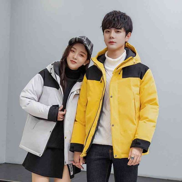 

color matching down men's and women's lovers' winter leisure thickened jacket, Black
