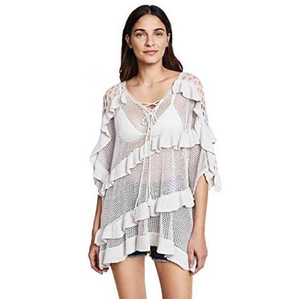 

knitted ruffles bathing suit cover ups crochet beachwear tunic bikini up dress robe plage pareo #q439 210420, White;black