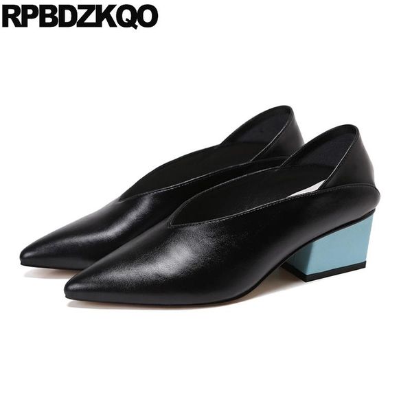 

dress shoes medium heels multi colored block ladies walking pumps winkle picker pointed toe mules slipper sandals genuine leather, Black