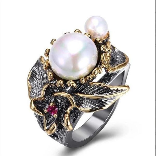 

cluster rings fflacell female retro gold bicolor pearl flower ring is suitable for banquet holiday anniversary jewelry, Golden;silver