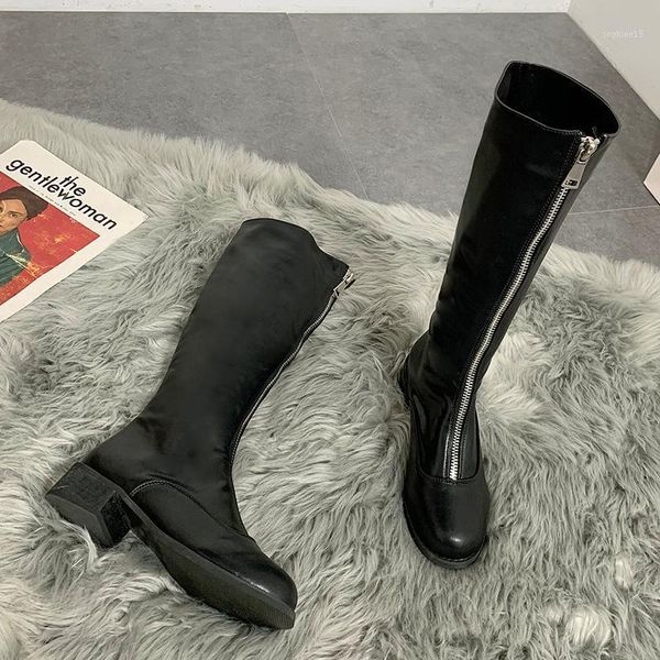 

boots zipper shoes women's rubber thigh high heels luxury designer round toe boots-women winter footwear1, Black