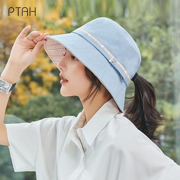 

wide brim hats [ptah] summer women's cloth anti-uv breathable comfortable hat foldable casual windproof rope cap higt guality, Blue;gray