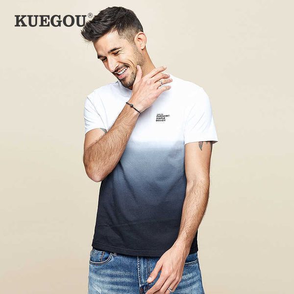 

kuegou 100% cotton men's t-shirt short sleeve fashion tshirt summer gradient color printing t shirt men plus size zt-3312 210629, White;black