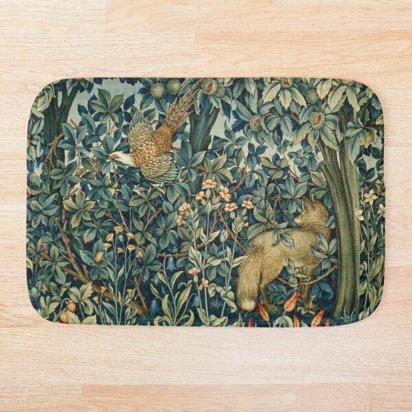 

bath mats greenery, forest animals pheasant and blue green floral tapestry mat