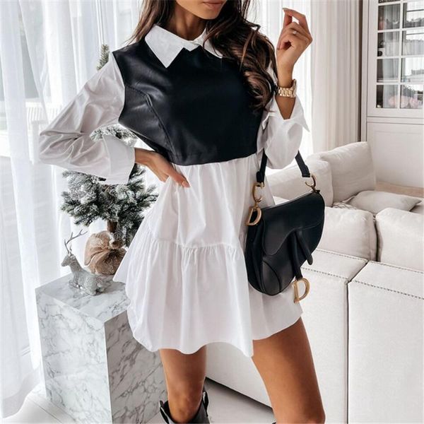 

casual dresses dewadbow women pu leather corset fake 2 piece dress fashion long sleeve plaid solid elegant office lady mini lapel vestido, Black;gray
