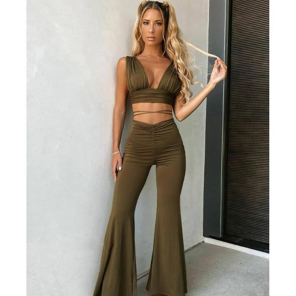 

women's two piece pants vintage casual slim v neck army green lace up sleeveless crop & flare women pieces set streetwear ch0166, White