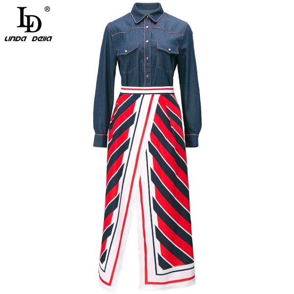 Ld linda della outono moda runway saias terno mulheres manga longa jeans tops e cintura alta retro midi saias 2 peças set 210330