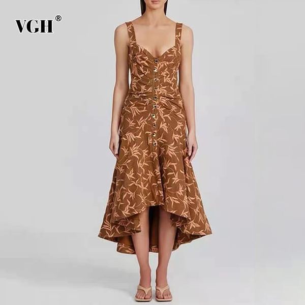 

vgh hit color sling dress for women v neck sleeveless high waist print midi dresses female fashion new clothing summer style 210421, Black;gray