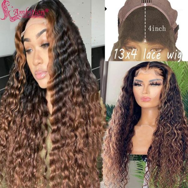 

curly lace frontal wig pre plucked brazilian human hair front 13x4 ombre bleached knot with baby hair1, Black;brown