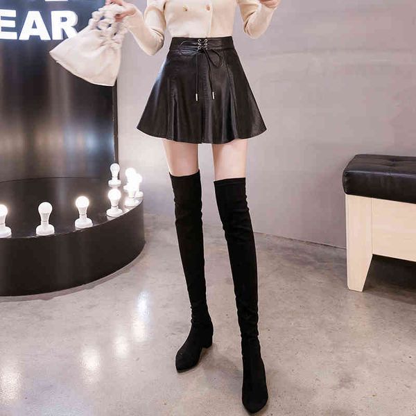 

skirts high-waist wet black leather korean winter-style a-line skirt female