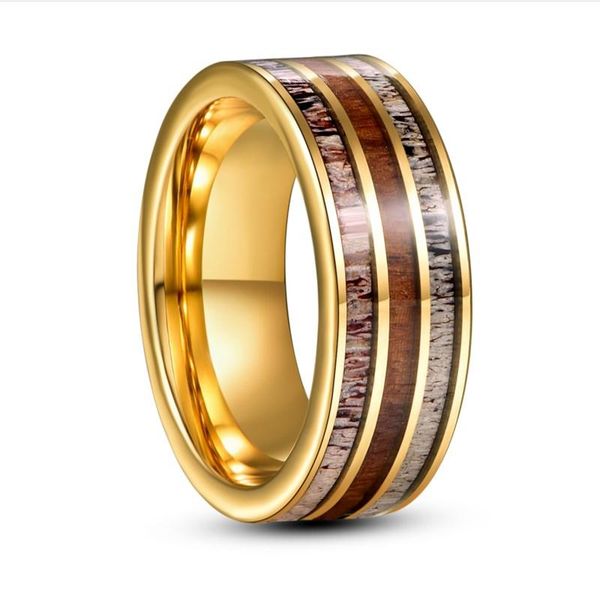 

wedding rings 8mm electric gold color inlaid deer antler wood grain tungsten steel ring for men fashion jewelry gift, Slivery;golden
