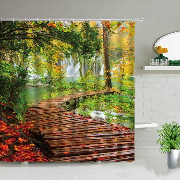 

shower curtains natural scenery curtain set wooden bridge forest waterfall green plant spring landscape bathtub decor waterproof