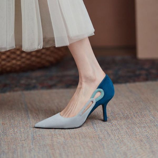 

spring genunie leather french retro women pumps pointed toe sheepskin single shoes women's thin high heel 8cm kid suede dress, Black