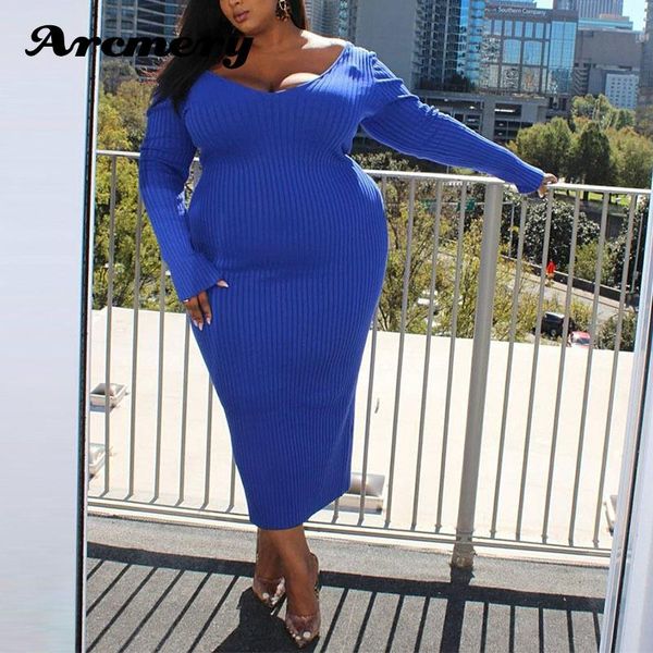 

plus size dresses women v-neck solid color long sleeve bodycon dress, Black