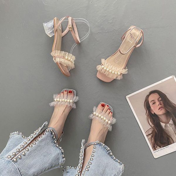 

sandals 2021 clear heels med black shoes for women all-match medium beige pearl rhinestone summer comfort girls scandals buc