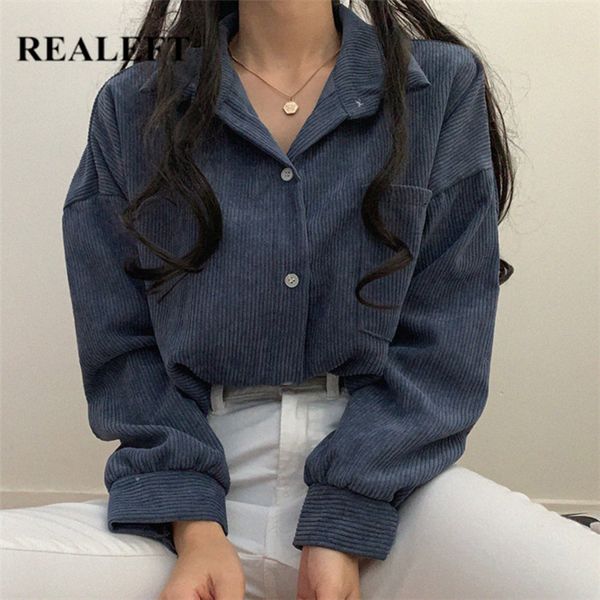 

spring one pocket vintage corduroy women's shirt female blouse long sleeve korean style casual loose blouses 210428, White