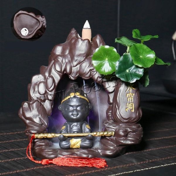 

fragrance lamps purple sand backflow incense burner chinese style little monkey king smoke waterfall decoration with 10pcs cones