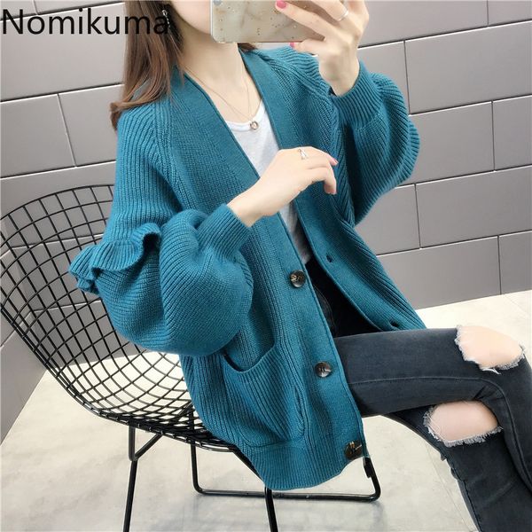 

nomikuma arrival ruffle long sleeve cardigan solid color v neck casual sweater women single breasted knitted 3c235 210514, White;black