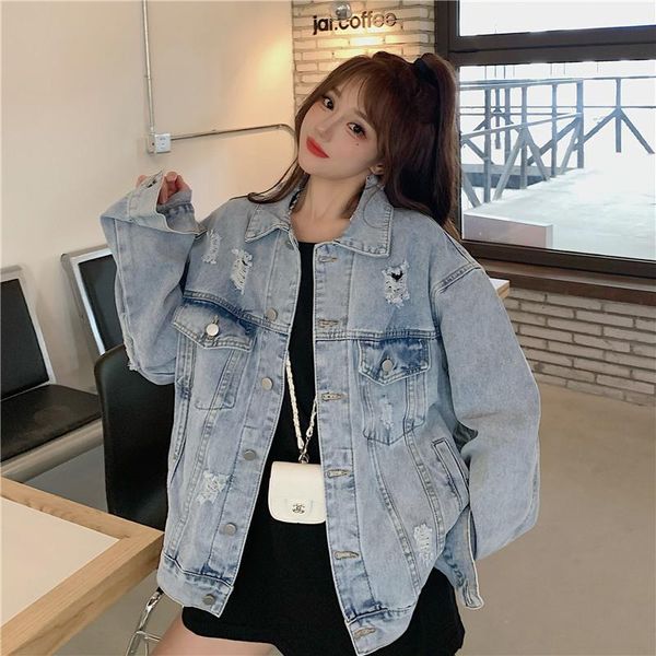 

women's jackets vintage women washed light blue denim jacket with hole loose casual lapel long sleeve jeans spring autumn female outwea, Black;brown