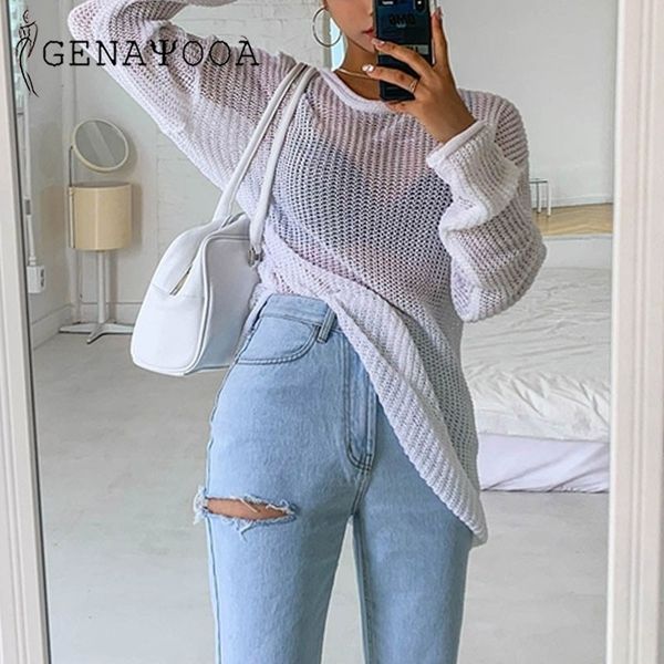 

genayooa knit o neck thin sweater women long sleeve korean style autumn winter hollow out pullover jumpers chic 210417, White;black