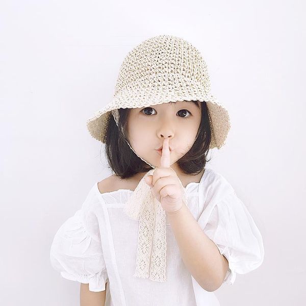 

summer hat fashion lace baby bow tie straw children's beach breathable sunshade caps & hats, Yellow