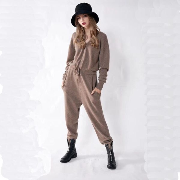 

women's pure cashmere casual suit hood loose for onesies knitted sweater trousers time-limited full 2021 camel female solid two piece p, White