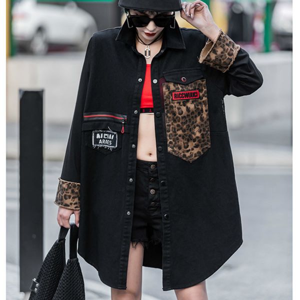 

women's trench coats punk leopard patch clothes fashion korean ladies denim womens pattern oversized vintage windbreakers sa570s50 aof8, Tan;black