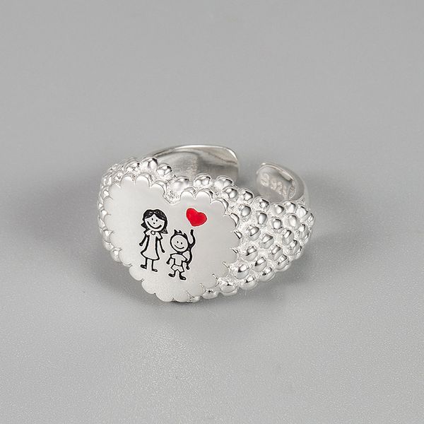 

100% sterling silver sketch parent-child heart-shaped ring pineapple particle edge open ring european and american ins designer style