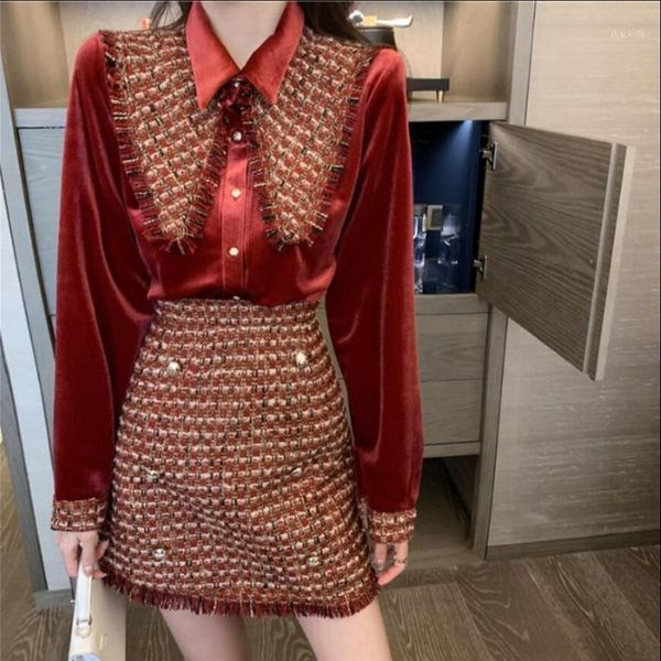 

2021retro elegant suit women velvet shirt + high waist bag hip a-line skirt two-piece sets women's tracksuits, Gray