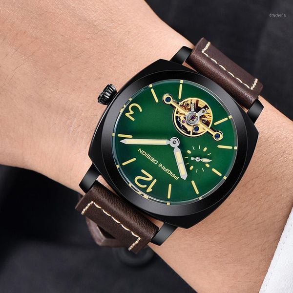 

design brand men mechanical wristwatches blue dial automatic luxury sports watch male relogio masculino, Slivery;brown