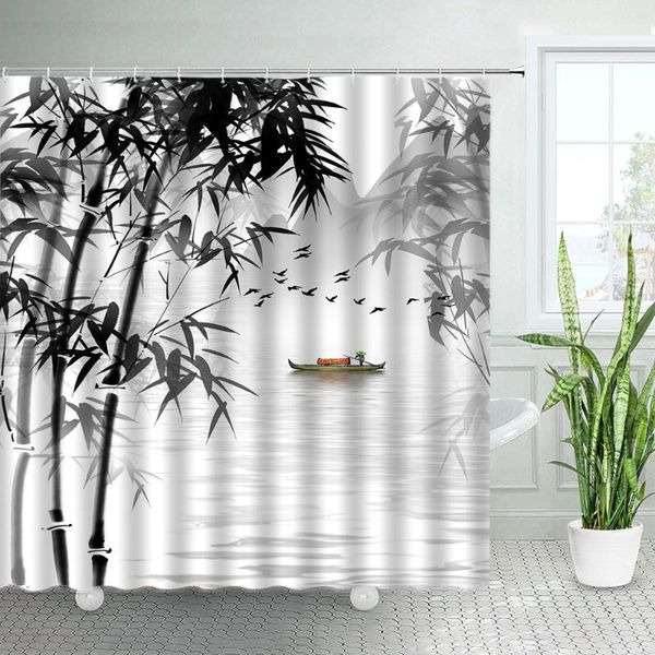 

shower curtains ink bamboo chinese style curtain set 3d natural landscape art nordic bathroom decor waterproof fabric bath hooks