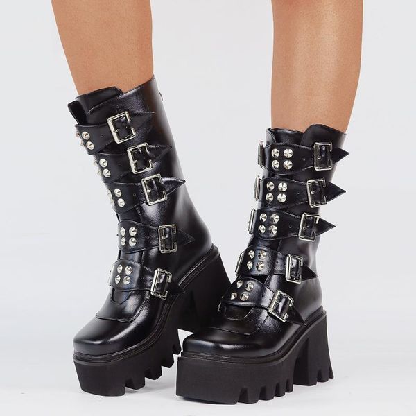 

boots brand fashion gothic style rivets buckles strap chunky heels platform street motorcycles woman shoes big size 43, Black
