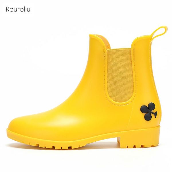 

boots rouroliu women 2021 spring ankle water platform sweet rainboots outdoor non-slip waterproof pvc shoes, Black
