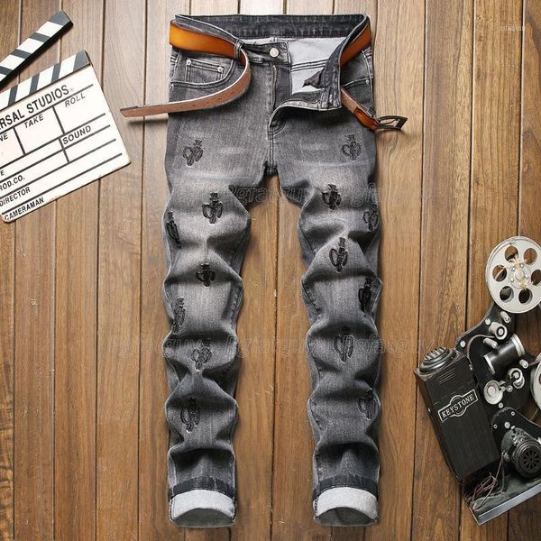

men's jeans autumn slim fit embroidery gray european and american style stretch fashion casual denim pants quality brand clothin, Blue