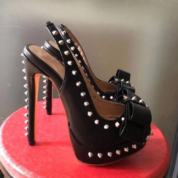 

sandals sandalias mujer 2021 fashion high heels women summer nightclub pumps peep toe bowknot rivet platform stiletto shoes, Black