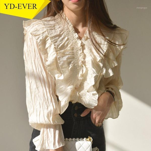

women's blouses & shirts v neck pleat design flare long sleeve blouse autumn spring 2021 elegant ruffles holiday blusas chic slim shirt, White
