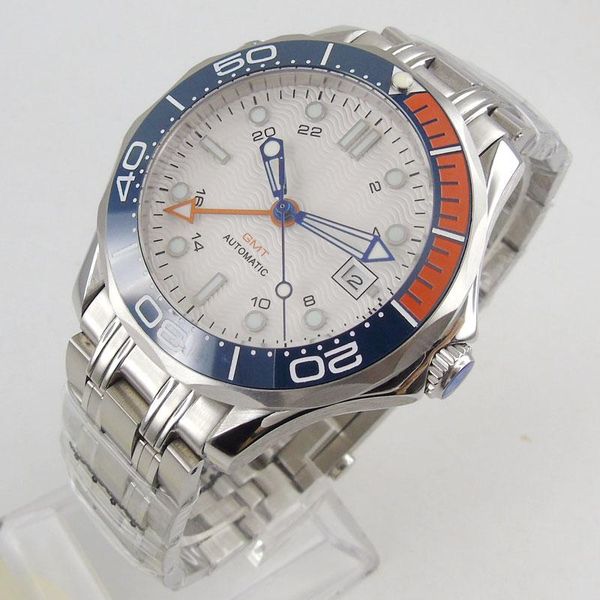 

wristwatches arrival 41mm mechanical mens watch sapphire glass date see through backÂ gmt mental band rotating bezel, Slivery;brown