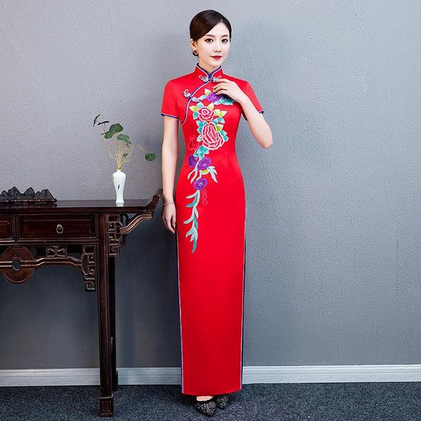 

ethnic clothing summer chinese long slim high split cheongsam vintage red floral embroidery dress elegant mandarin collar female qipao