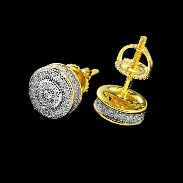 

stud simple silver 925 man ear studs hip-hop electroplating 18k men's round earrings inlaid with zircon, Golden;silver