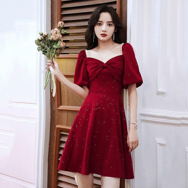 

ethnic clothing puff sleeve sweetheart collar qiipao bling sequins pearl beads cheongsam a-line formal party dress retro bowknot vestid, Red