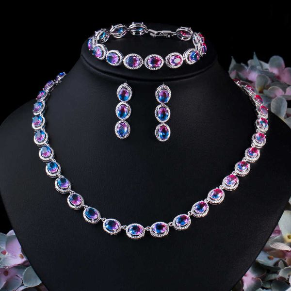 

charming mystic fire rainbow cz crystal earring necklace bracelet 3 pc party wedding costume jewelry sets t537 210714, Silver