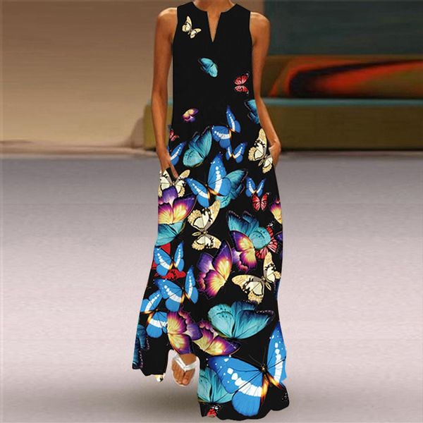 

butterfly print sleeveless vintage women dresses v neck maxi summer party cami with pockets vestidos de mujer, Black;gray
